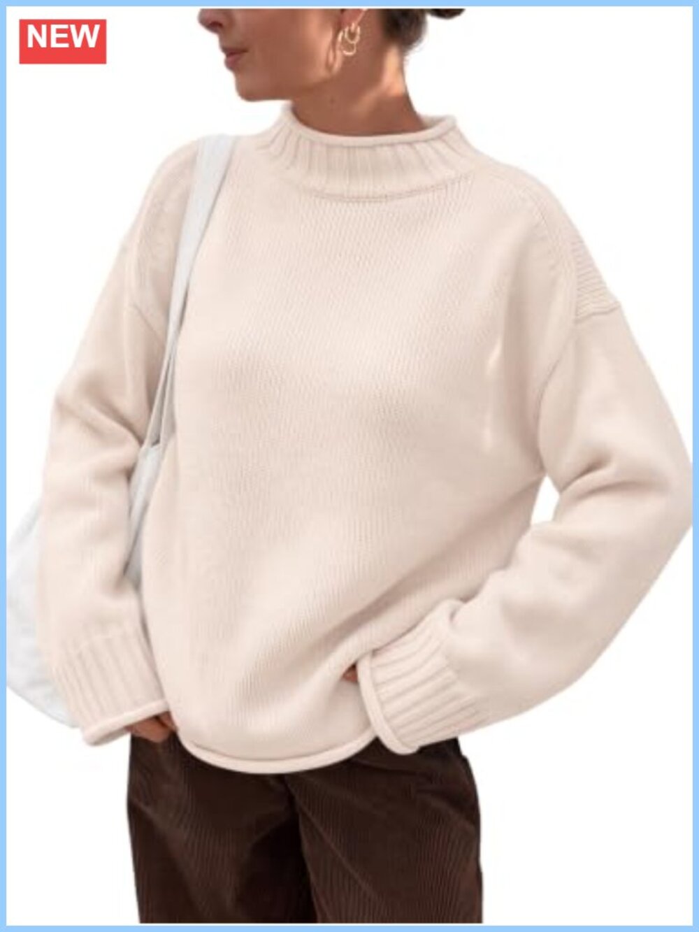 Oversized Mock Neck Knit Pullover Sweater Cotton Blend Rolled Edges
